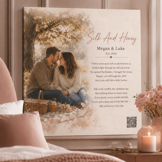 12 year anniversary gift — personalized custom song canvas: watercolor picnic couple, lyrics, Est. 2014, QR code — Songbond