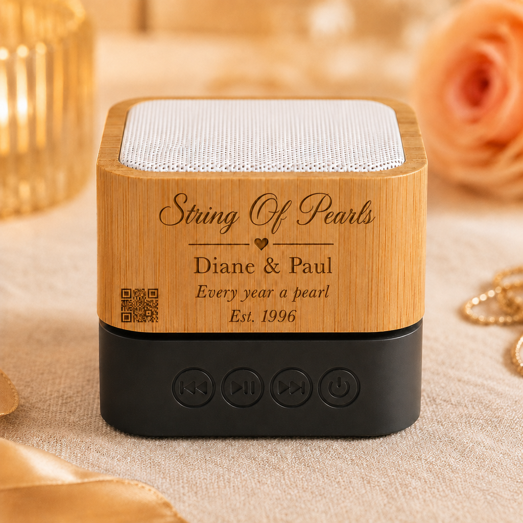 30th anniversary gift — personalized custom song soundbox: engraved title, names, Est. 1996, scannable QR code — Songbond