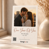 1st anniversary gift for him — personalized custom song card: balcony couple photo, title, Est. 2025, QR — Songbond