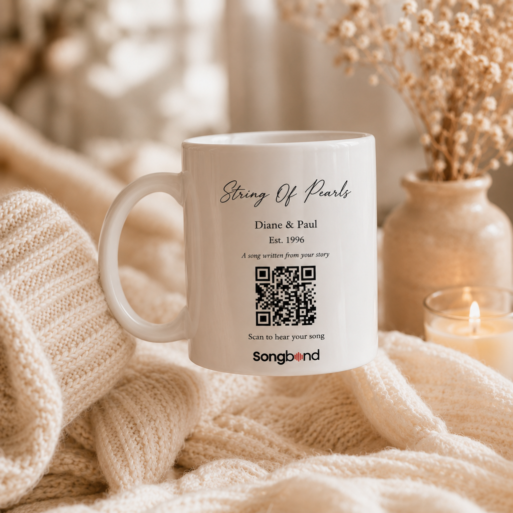 30th anniversary gift — personalized custom song mug: song title, Diane & Paul, Est. 1996, QR code to hear song — Songbond