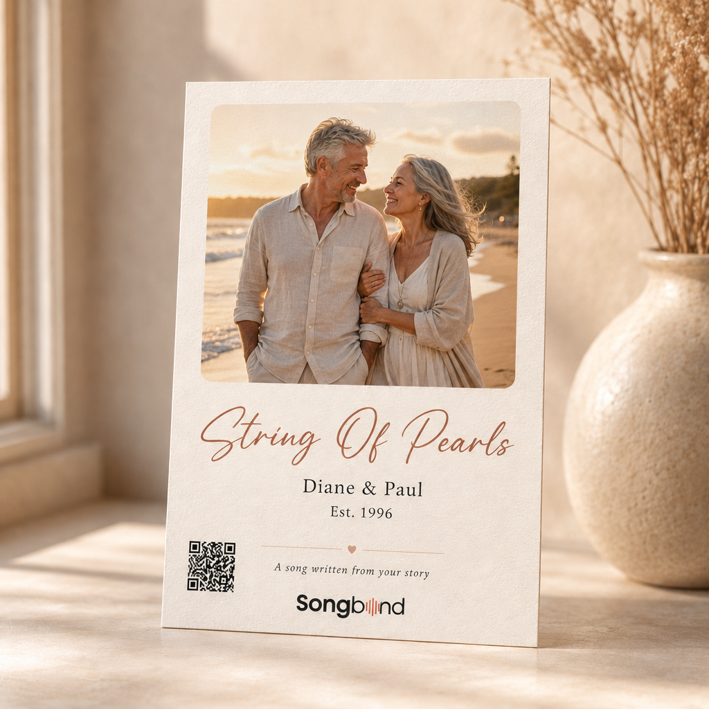 30th anniversary gift — personalized custom song card: beach couple photo, title, names, Est. 1996, QR code — Songbond