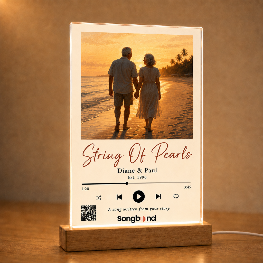 30th anniversary gift — personalized custom song plaque: couple silhouette on beach, Est. 1996, QR code — Songbond