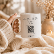 1st anniversary gift for him — personalized custom song mug: title, Ava & Jack, Est. 2025, QR to hear song — Songbond