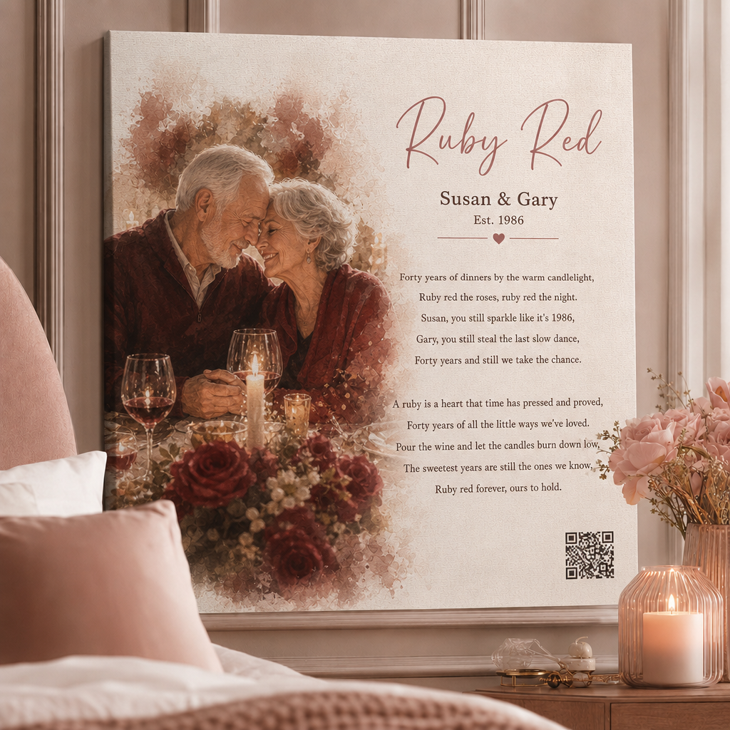 40th anniversary gift — personalized custom song canvas: watercolor candlelit couple, lyrics, Est. 1986, QR code — Songbond