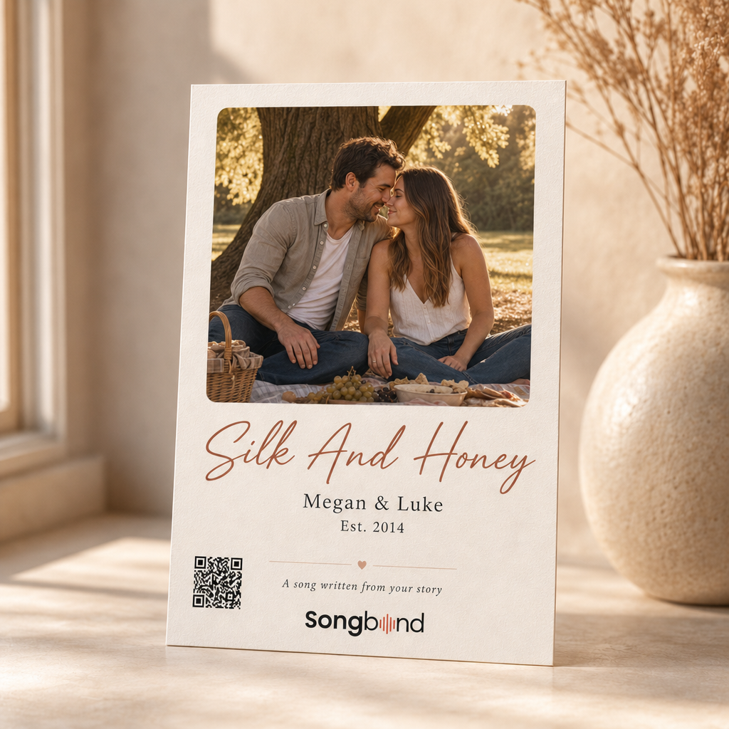 12 year anniversary gift — personalized custom song card: keepsake card, picnic couple photo, names, QR code — Songbond
