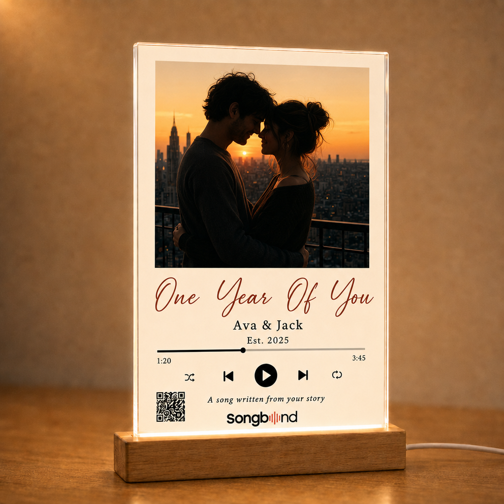 1st anniversary gift for him — personalized custom song plaque: silhouetted skyline couple, Est. 2025, QR — Songbond