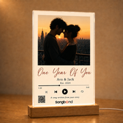 1st anniversary gift for him — personalized custom song plaque: silhouetted skyline couple, Est. 2025, QR — Songbond