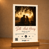 12 year anniversary gift — personalized custom song plaque: backlit couple silhouette under tree, names, QR — Songbond