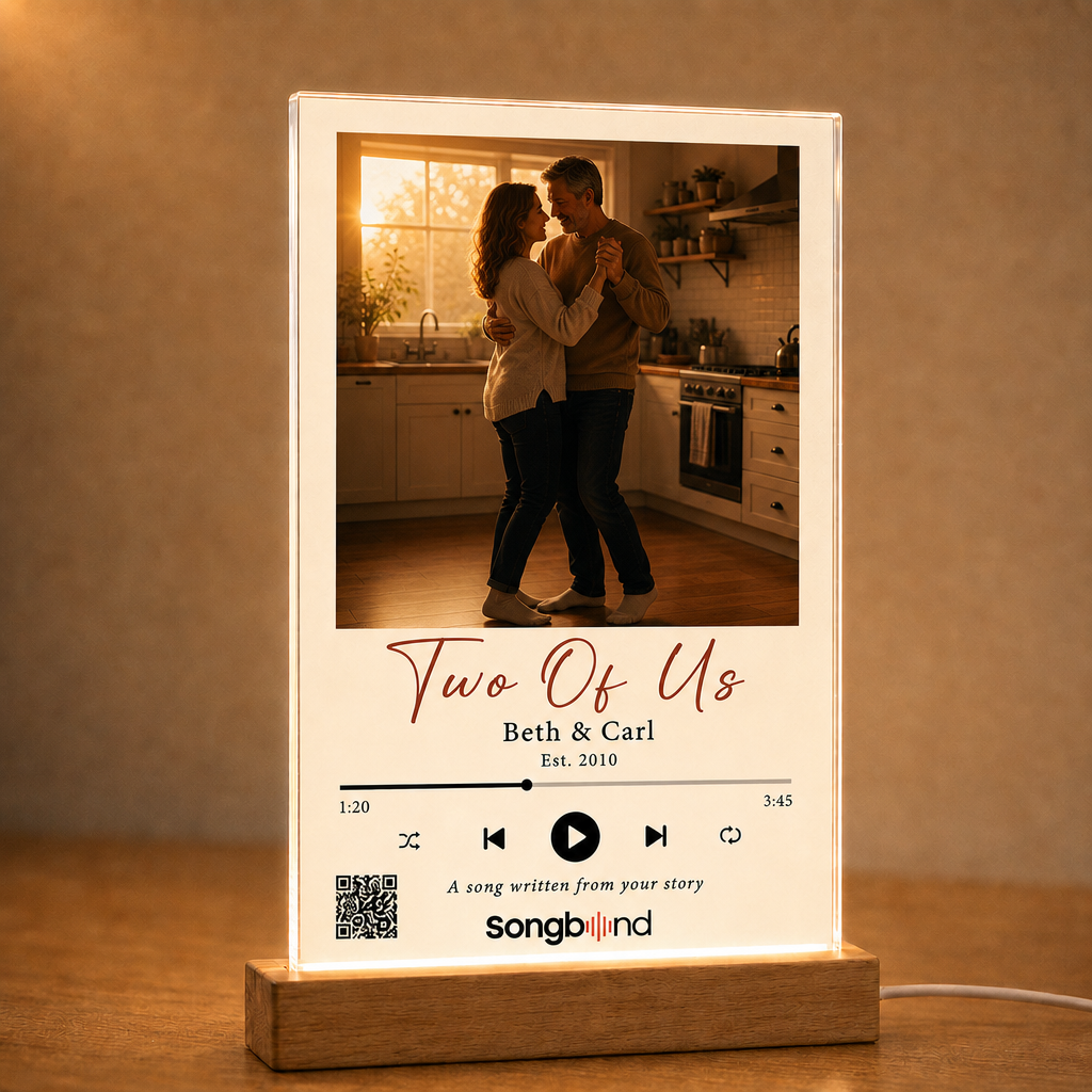 anniversary gift for couples — personalized custom song plaque: dancing couple artwork, Est. 2010, QR — Songbond