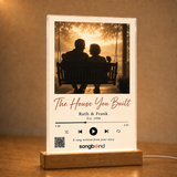 anniversary gift for parents — personalized custom song plaque: porch swing couple silhouette, names, QR — Songbond
