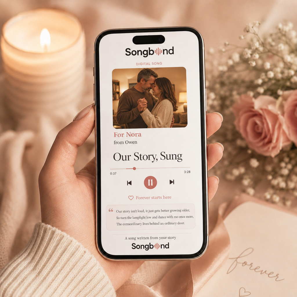 personalized anniversary gift — custom song digital player: couple photo, dedication For Nora, lyric quotes — Songbond
