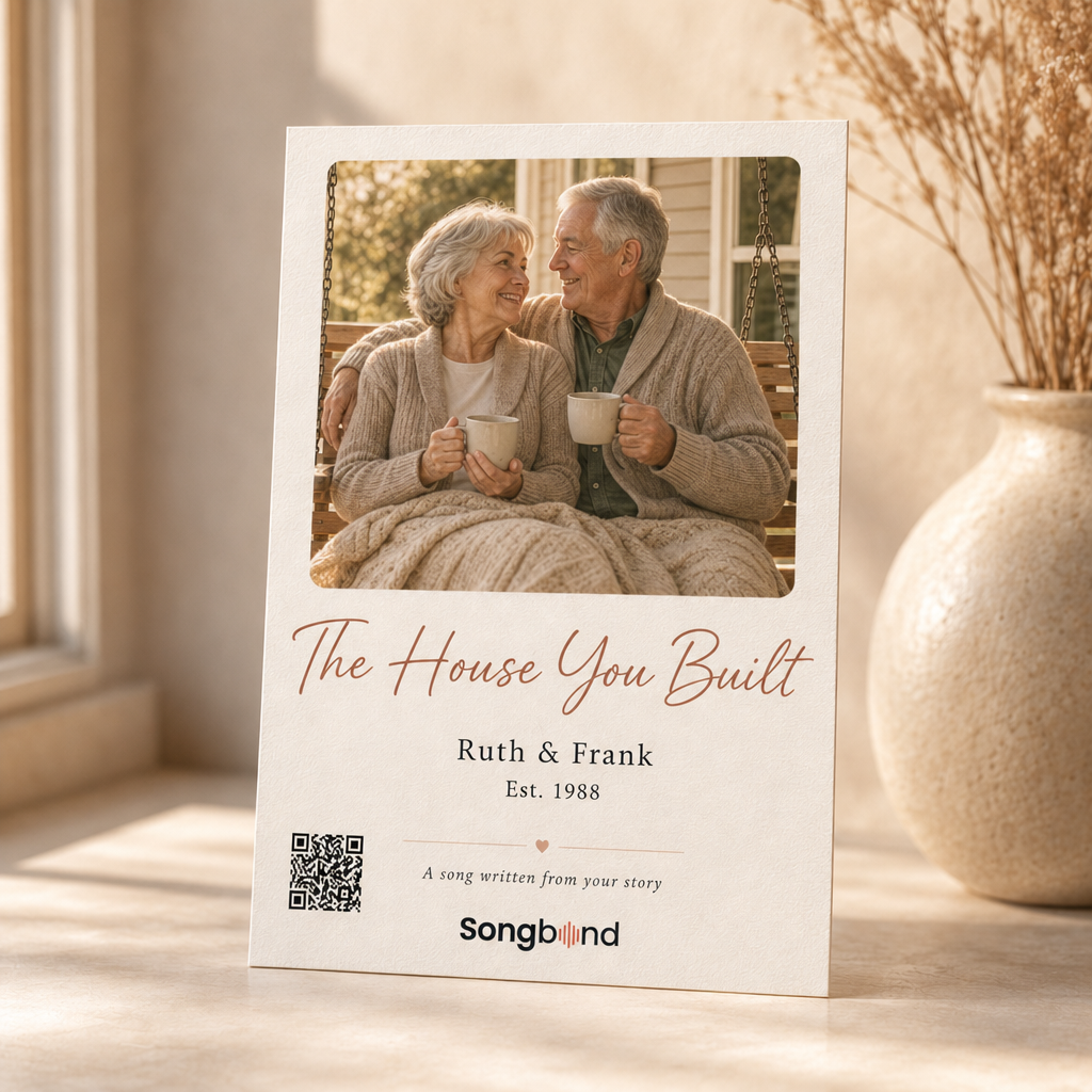 anniversary gift for parents — personalized custom song card: parents on porch swing photo, names, QR code — Songbond