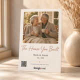 anniversary gift for parents — personalized custom song card: parents on porch swing photo, names, QR code — Songbond