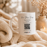 personalized anniversary gift — custom song mug: title, Nora & Owen, Est. 2016, QR code to hear their song — Songbond