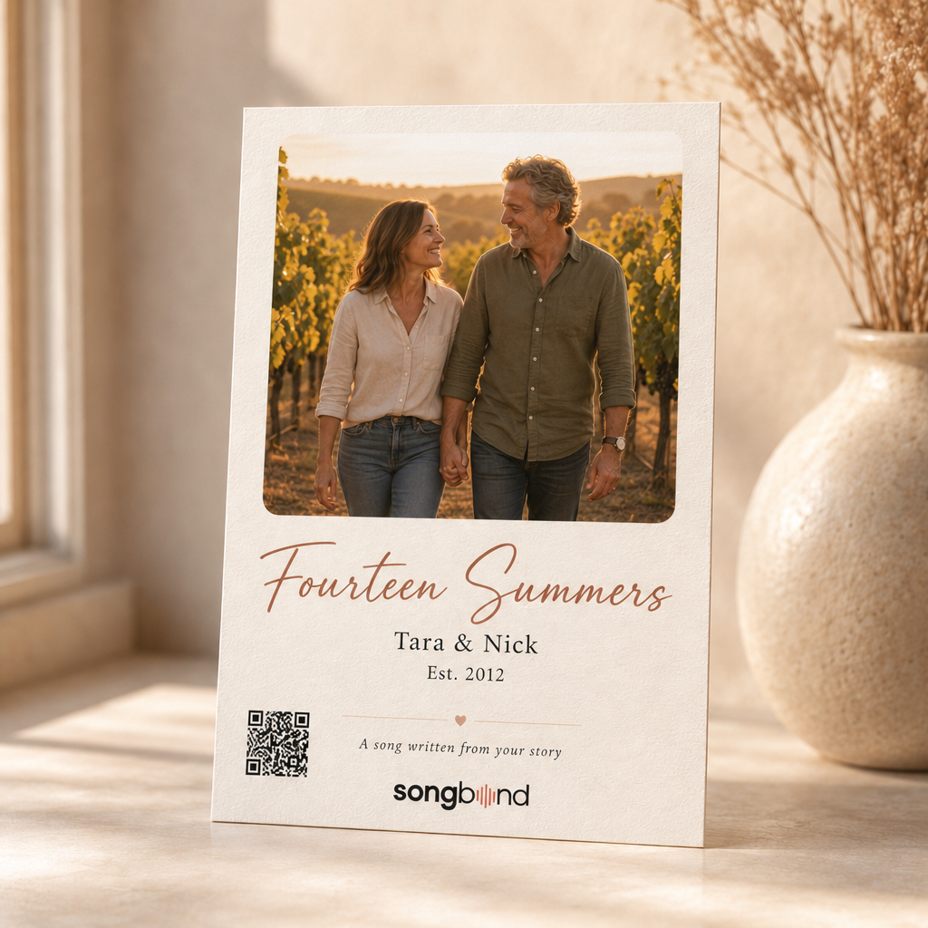 14 year anniversary gift — personalized custom song card: vineyard couple photo, title, Est. 2012, QR — Songbond