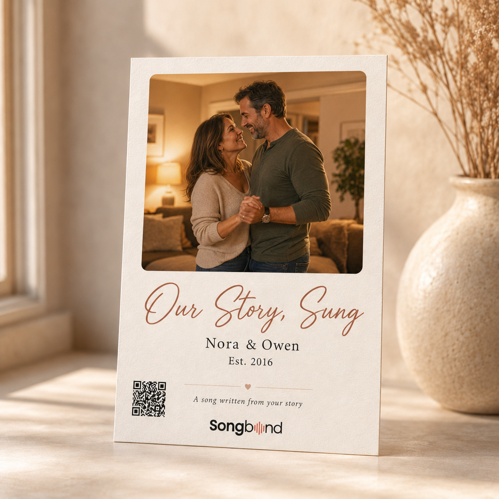 personalized anniversary gift — custom song card: dancing couple photo, title, names, Est. 2016, QR code — Songbond
