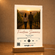 14 year anniversary gift — personalized custom song plaque: silhouetted vineyard couple, Est. 2012, QR — Songbond