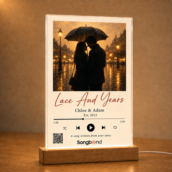 13 year anniversary gift — personalized custom song plaque: umbrella couple silhouette, names, QR code — Songbond