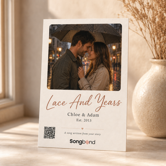 13 year anniversary gift — personalized custom song card: rainy evening umbrella couple photo, names, QR — Songbond