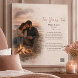 10 year anniversary gift for him — personalized custom song canvas: couple by beach bonfire at dusk, lyrics, QR — Songbond