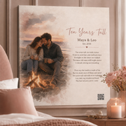 10 year anniversary gift for him — personalized custom song canvas: couple by beach bonfire at dusk, lyrics, QR — Songbond