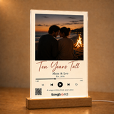 10 year anniversary gift for him — personalized custom song plaque: silhouetted bonfire couple, Est. 2016, QR — Songbond