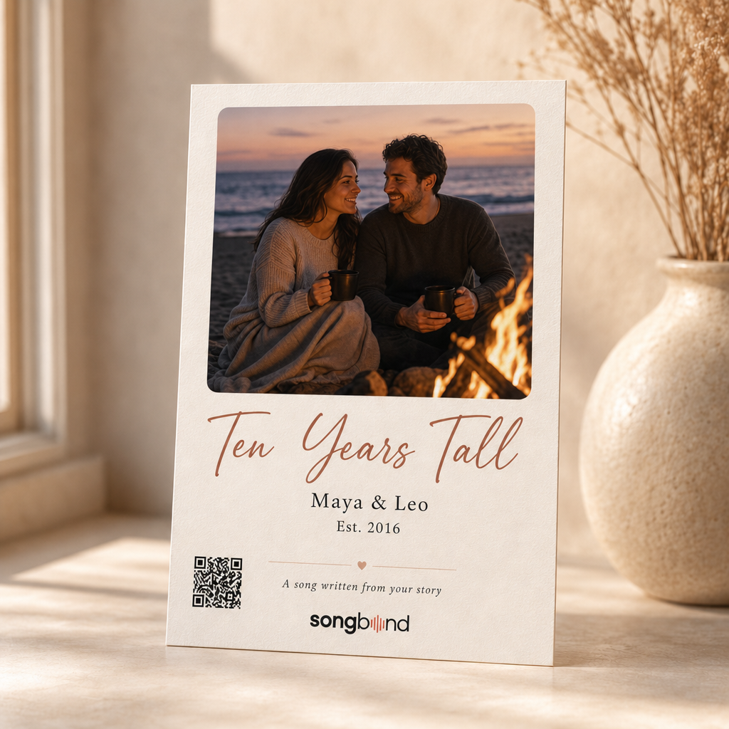 10 year anniversary gift for him — personalized custom song card: bonfire couple photo, title, Est. 2016, QR — Songbond