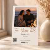 10 year anniversary gift for him — personalized custom song card: bonfire couple photo, title, Est. 2016, QR — Songbond
