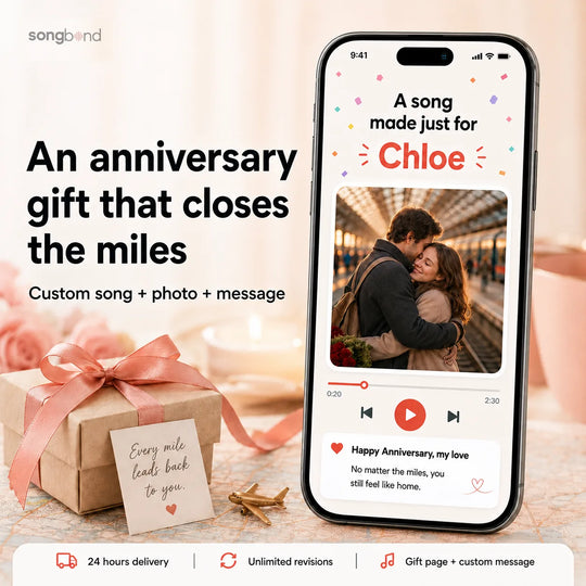 Personalized long-distance anniversary song gift with couple photo and custom message