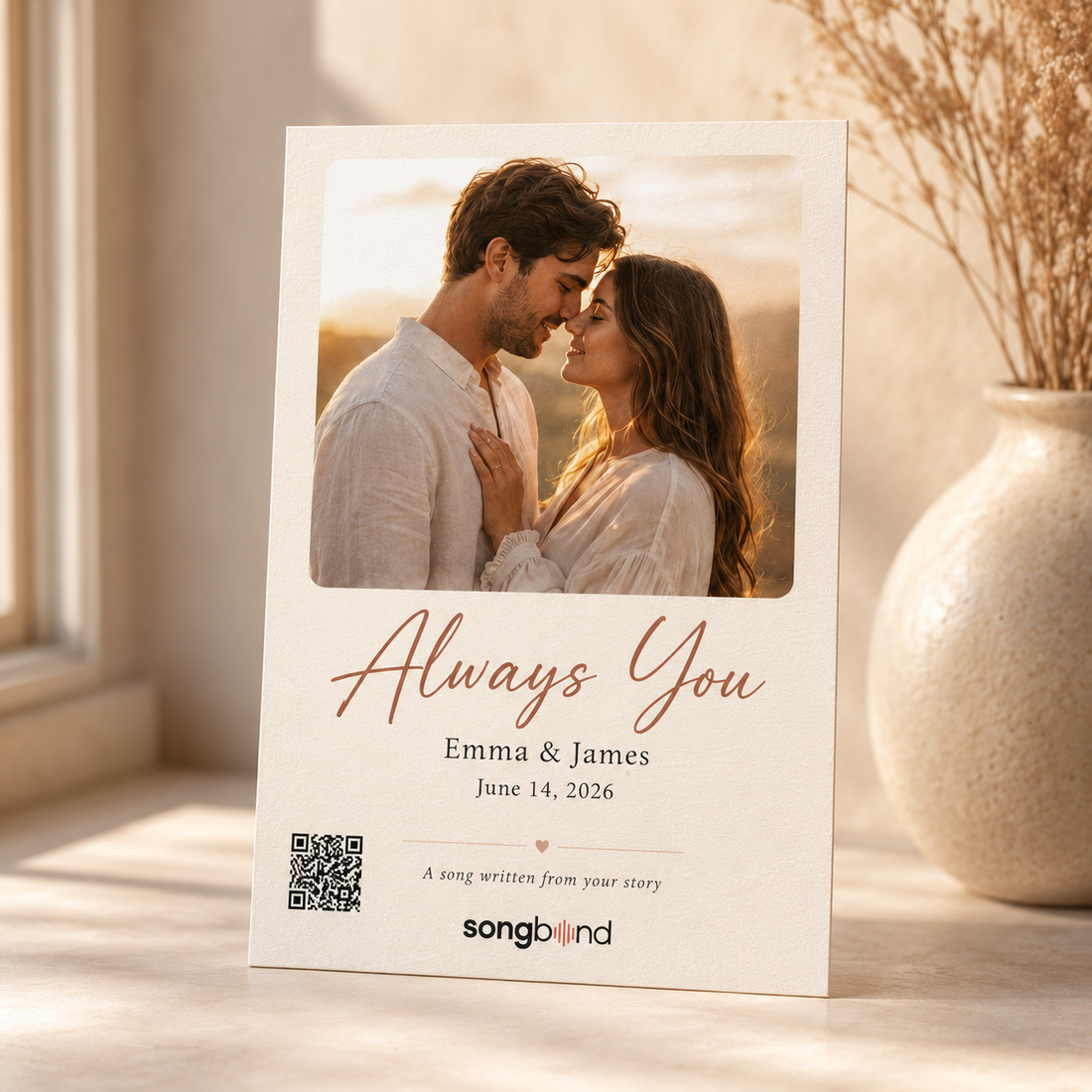 Custom song lyrics card — front with couple photo and QR