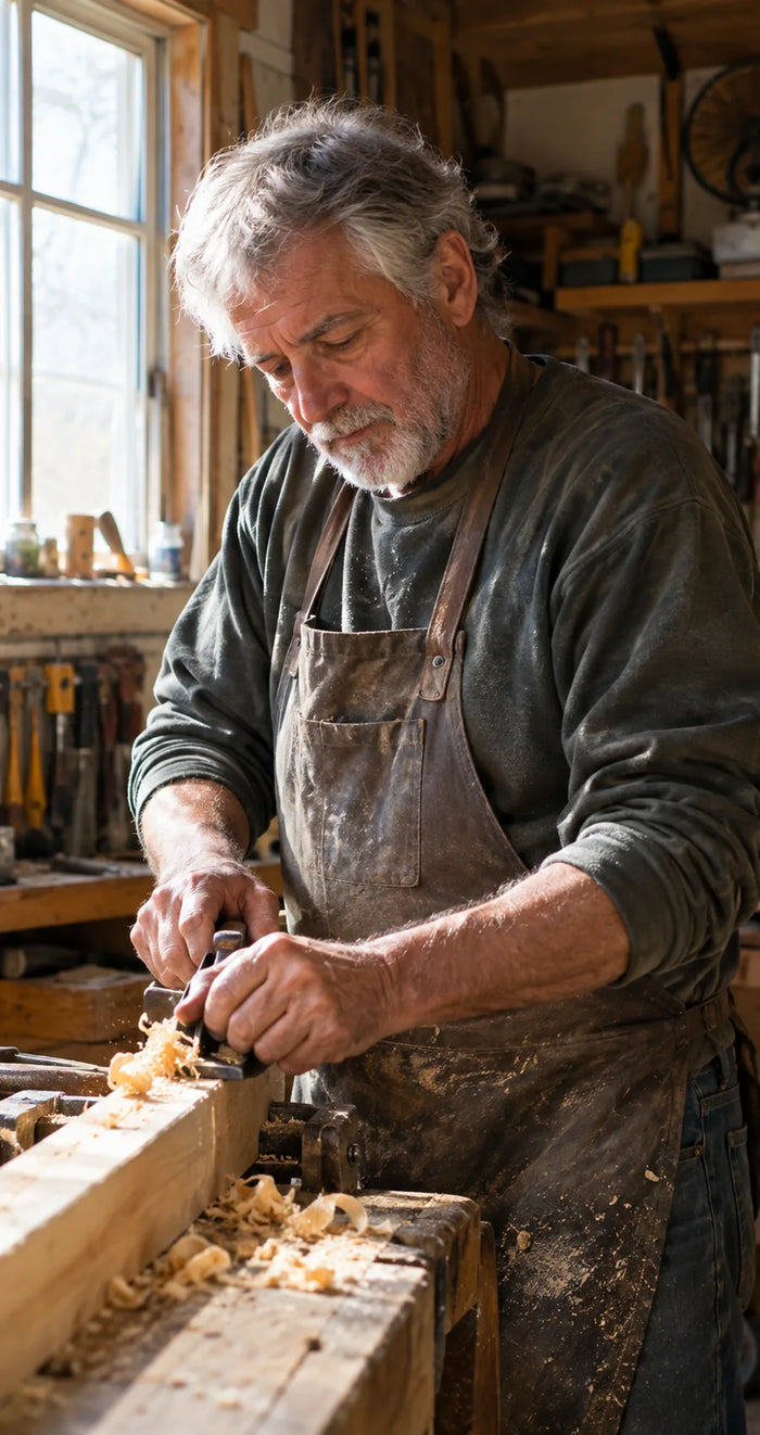 Dad at his workbench, planing a length of oak