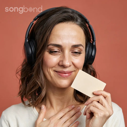 Mom smiling with happy tears wearing headphones, listening to her personalized birthday song — custom song gift for Mom by Songbond