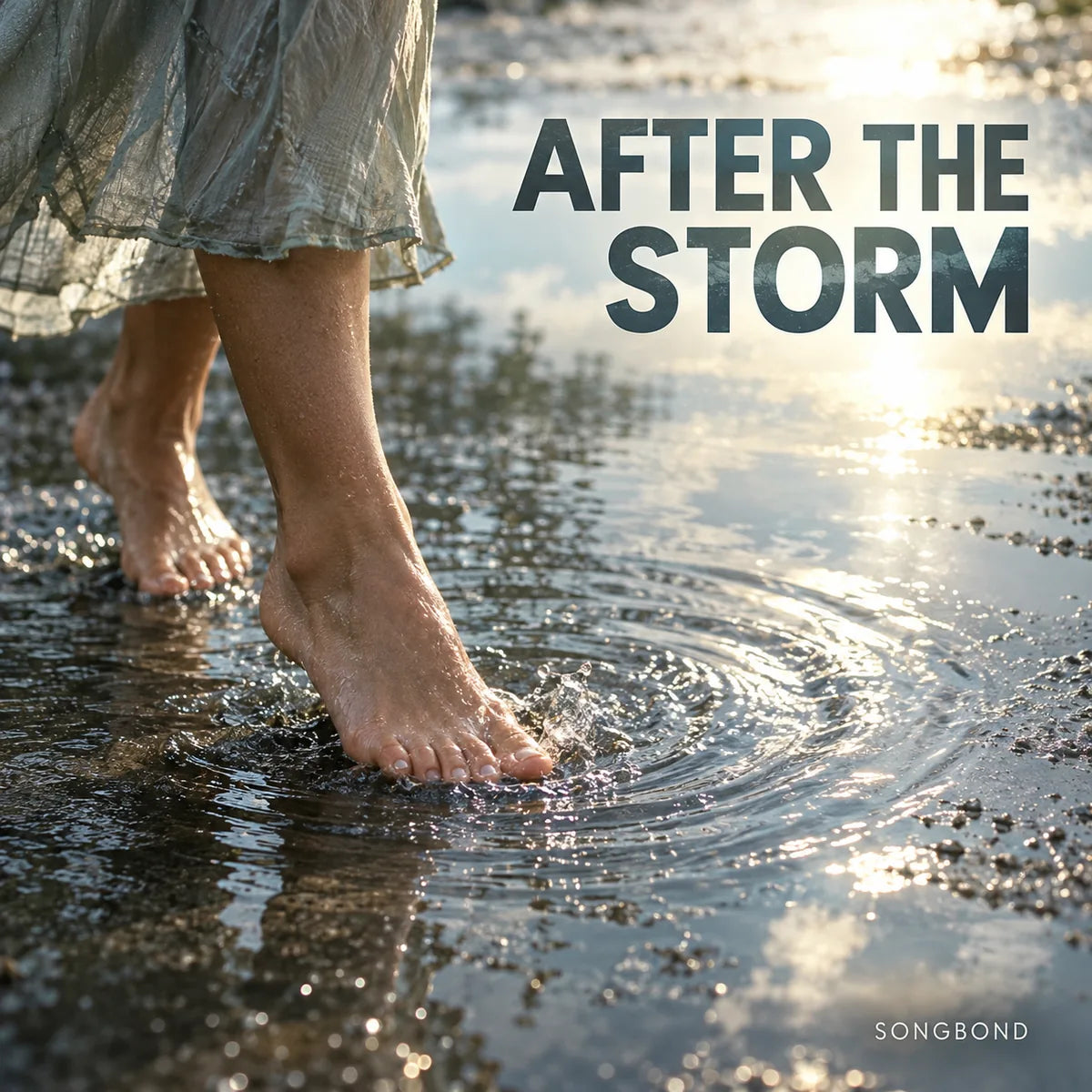 Music single cover showing Bare feet stepping through a sunlit rain puddle beneath the title After the Storm and artist Songbond.
