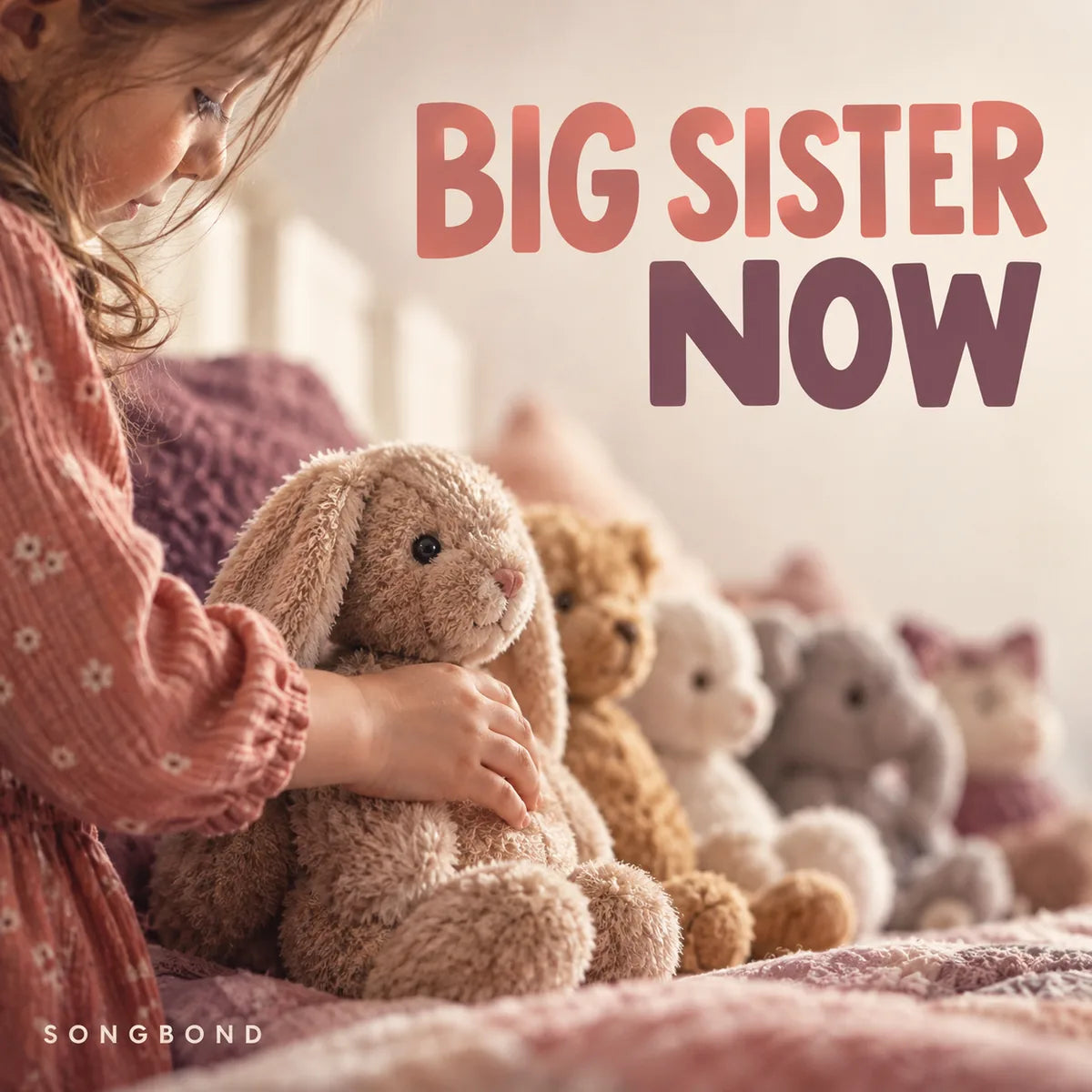 Music single cover showing A girl arranging stuffed animals beneath the title Big Sister Now and artist Songbond.