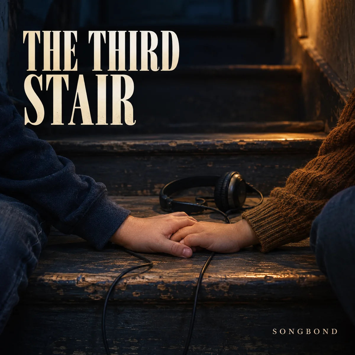 Music single cover for The Third Stair by Songbond, showing two children's hands together on a worn stair beside shared headphones.
