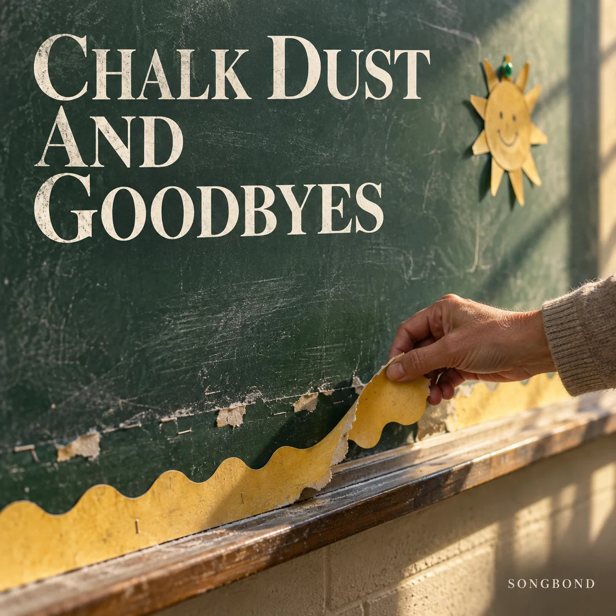 Music single cover for Chalk Dust and Goodbyes by Songbond, showing a teacher's hand peeling a paper border beneath a pinned paper sun.