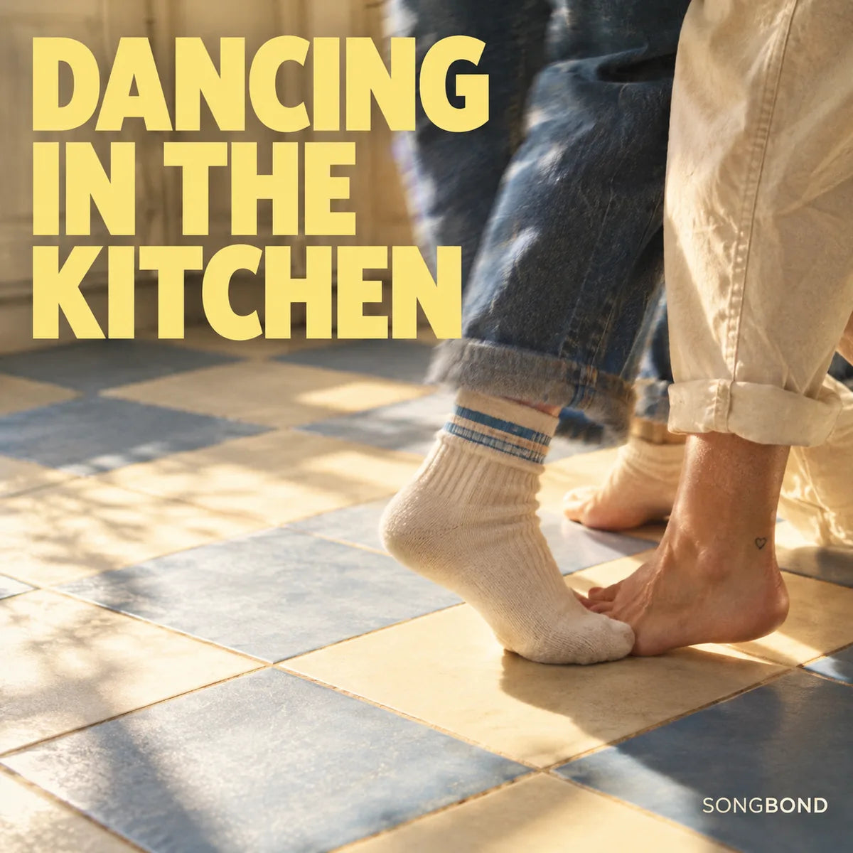 Music single cover for Dancing in the Kitchen by Songbond, showing two adults' socked and bare feet crossing playfully on kitchen tiles.