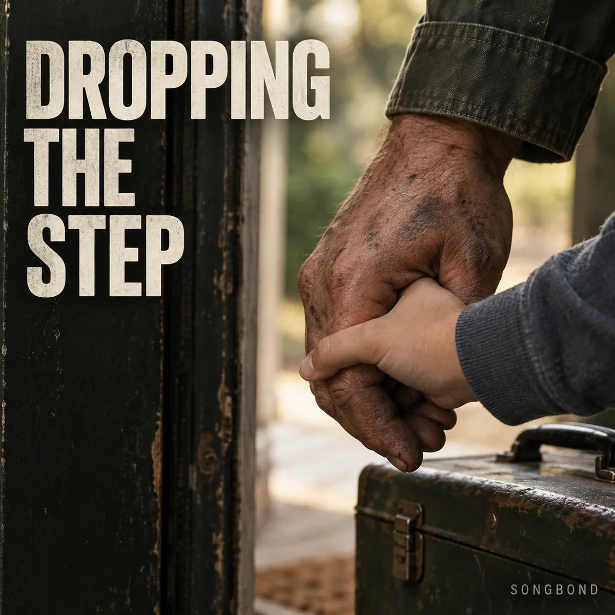 Music single cover for Dropping The Step by Songbond, showing two hands holding beside a worn toolbox at a doorway.