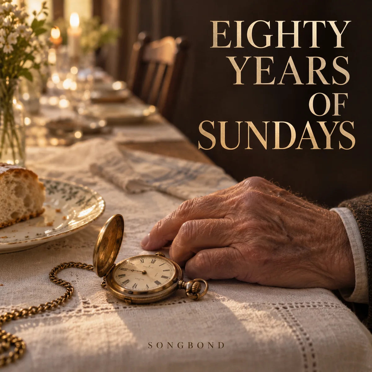 Music single cover for Eighty Years Of Sundays by Songbond, showing an older hand and pocket watch beside a long Sunday dining table.