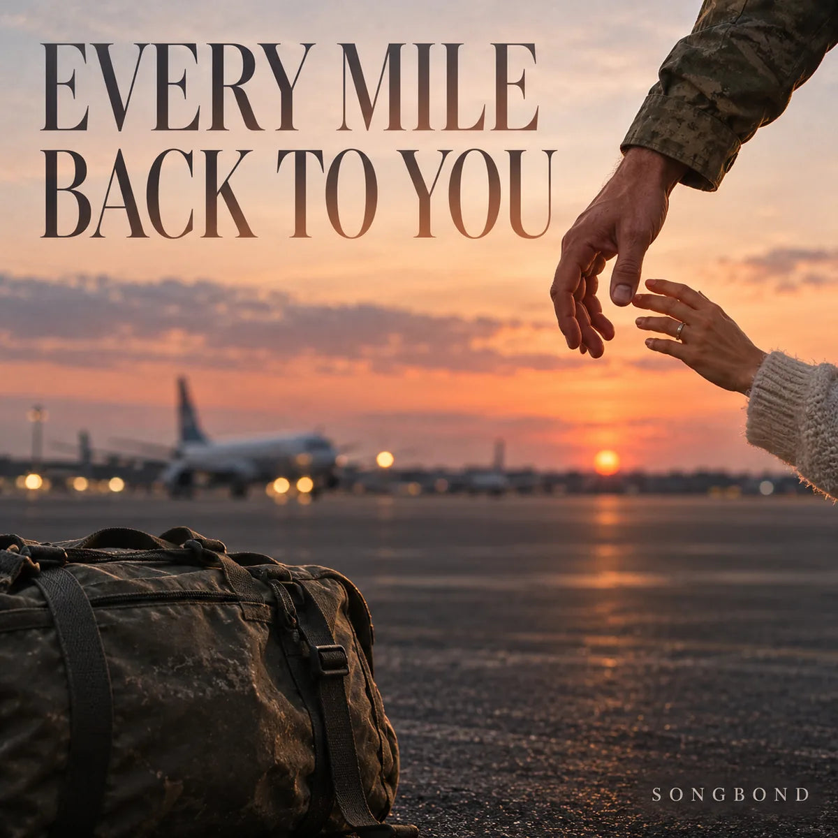 Music single cover for Every Mile Back to You by Songbond, showing reaching hands and a duffel on an airport tarmac at sunset.
