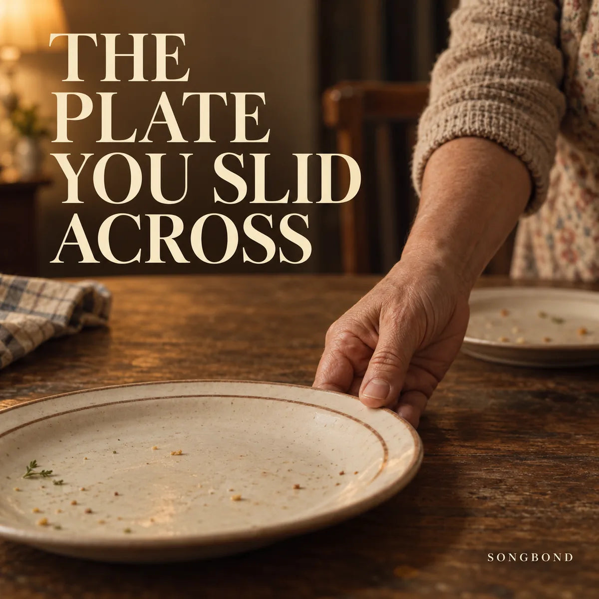 Music single cover for The Plate You Slid Across by Songbond, showing a mature hand sliding a ceramic plate over a worn kitchen table.