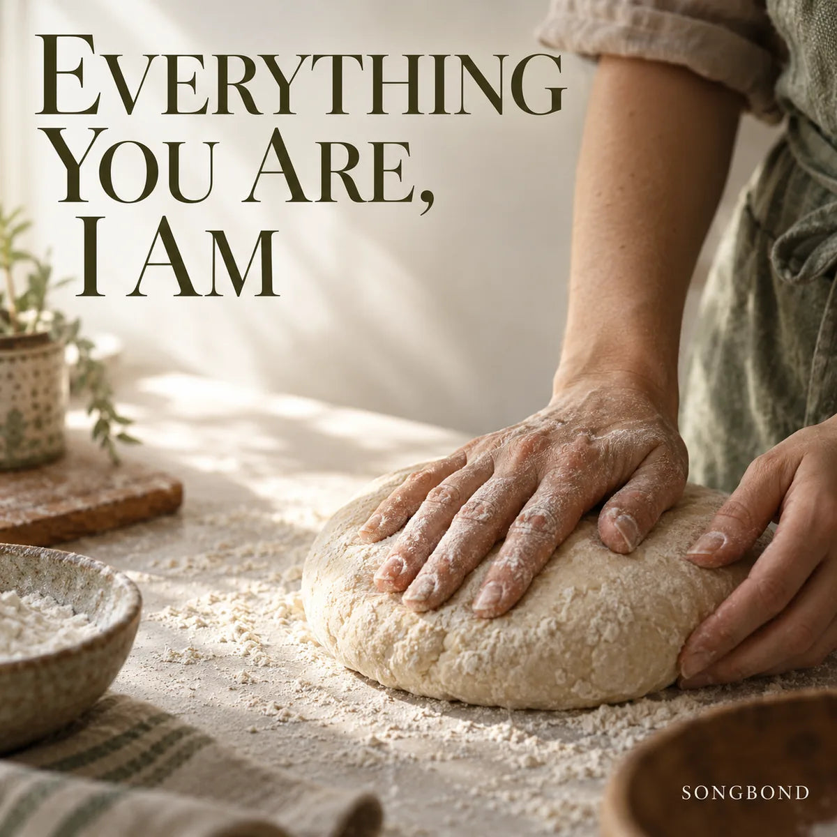 Music single cover for Everything You Are, I Am by Songbond, showing flour-dusted hands pressing bread dough.