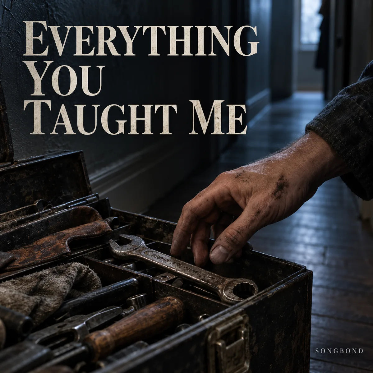 Music single cover for Everything You Taught Me by Songbond, showing an oil-marked hand reaching for a worn wrench in a toolbox.