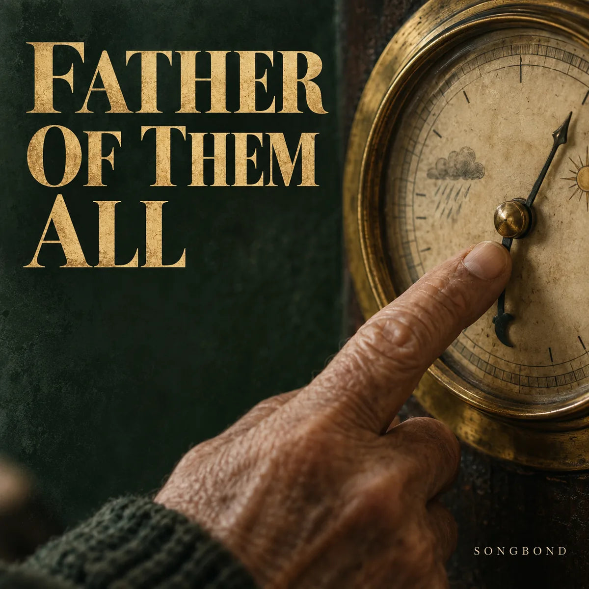 Music single cover for Father Of Them All by Songbond, showing an older finger tapping a weathered brass barometer.