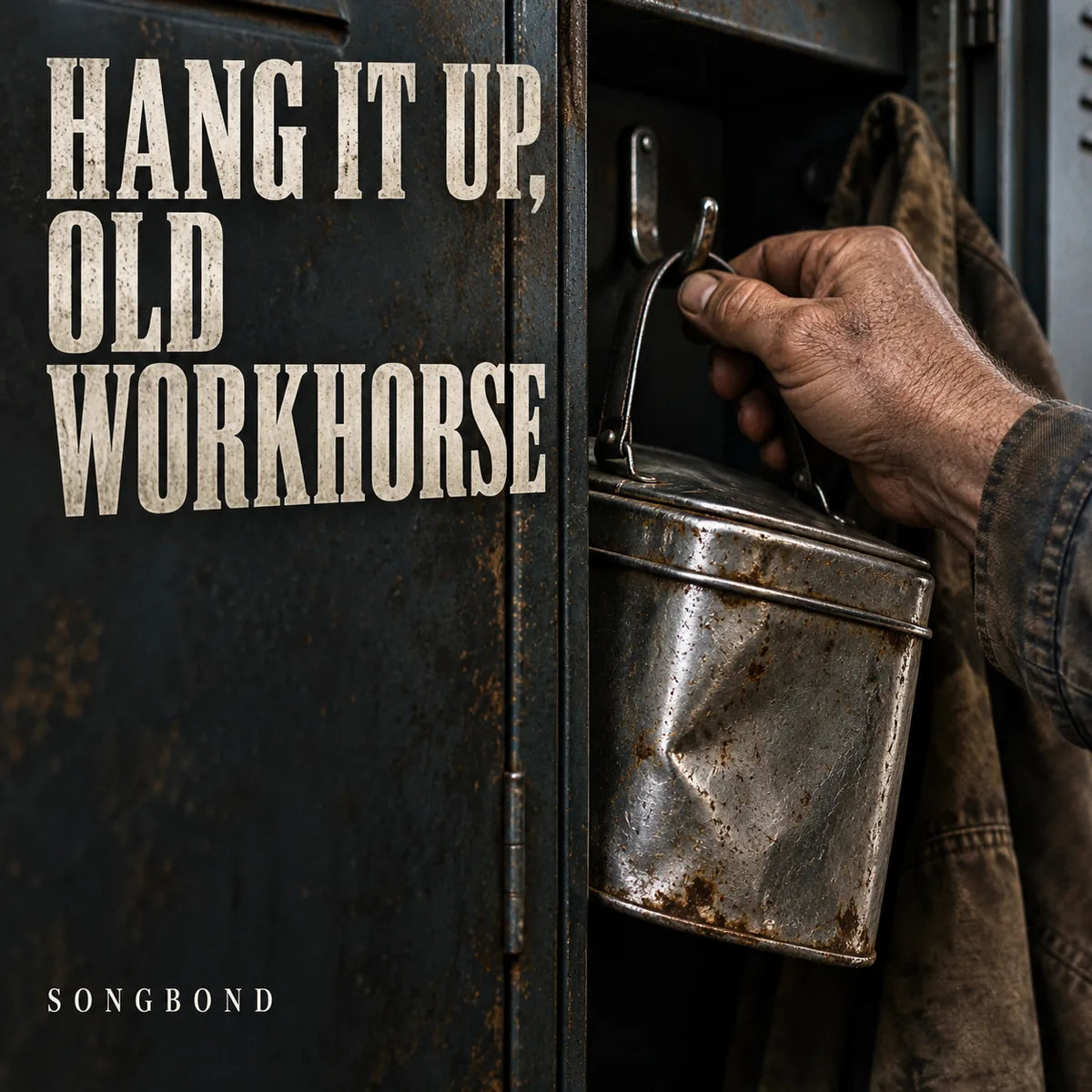 Music single cover for Hang It Up, Old Workhorse by Songbond, showing a worker hanging a dented lunch pail in a locker.