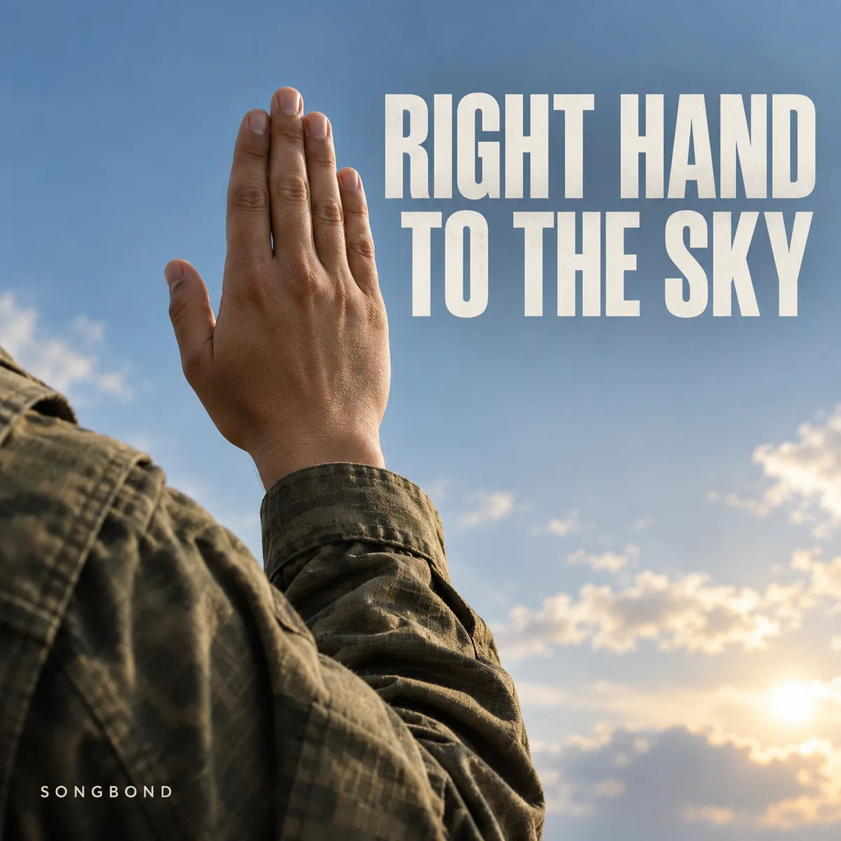 Music single cover for Right Hand to the Sky by Songbond, showing a uniformed adult's raised right hand against blue sky.