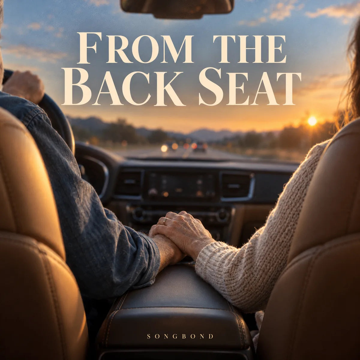 Music single cover for From The Back Seat by Songbond, showing two adults' hands together on a car console from the rear-seat viewpoint.