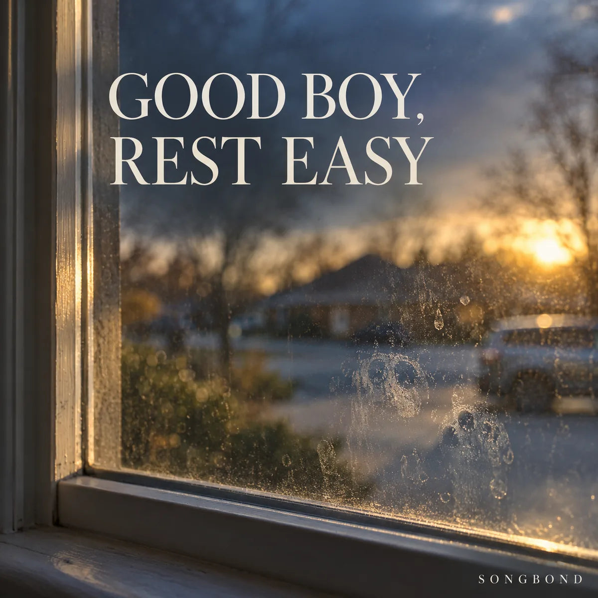 Music single cover for Good Boy, Rest Easy by Songbond, showing nose-print smudges on a home window in late-afternoon light.