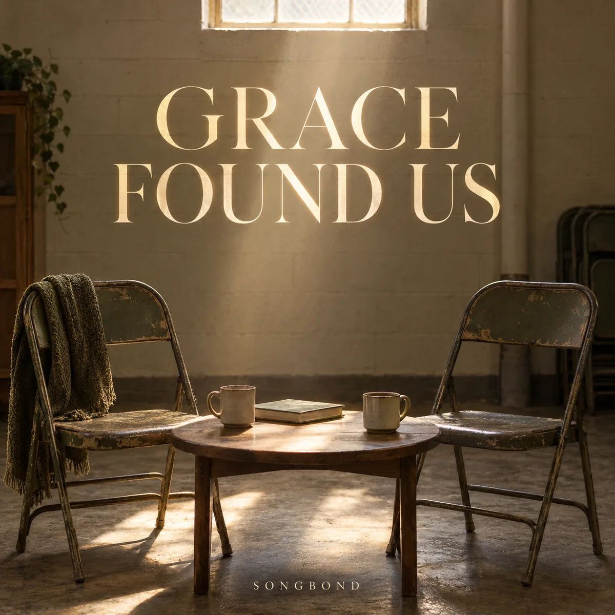 Music single cover for Grace Found Us by Songbond, showing two worn folding chairs and coffee cups in a softly lit church basement.