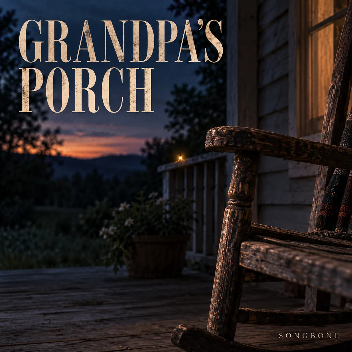 Music single cover for Grandpa's Porch by Songbond, showing an empty weathered rocker on a porch at dusk.